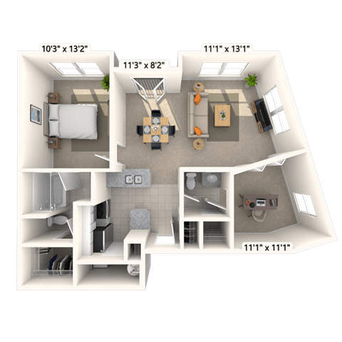 Floor plan for 1 bed, 1.5 baths, 862 sqft